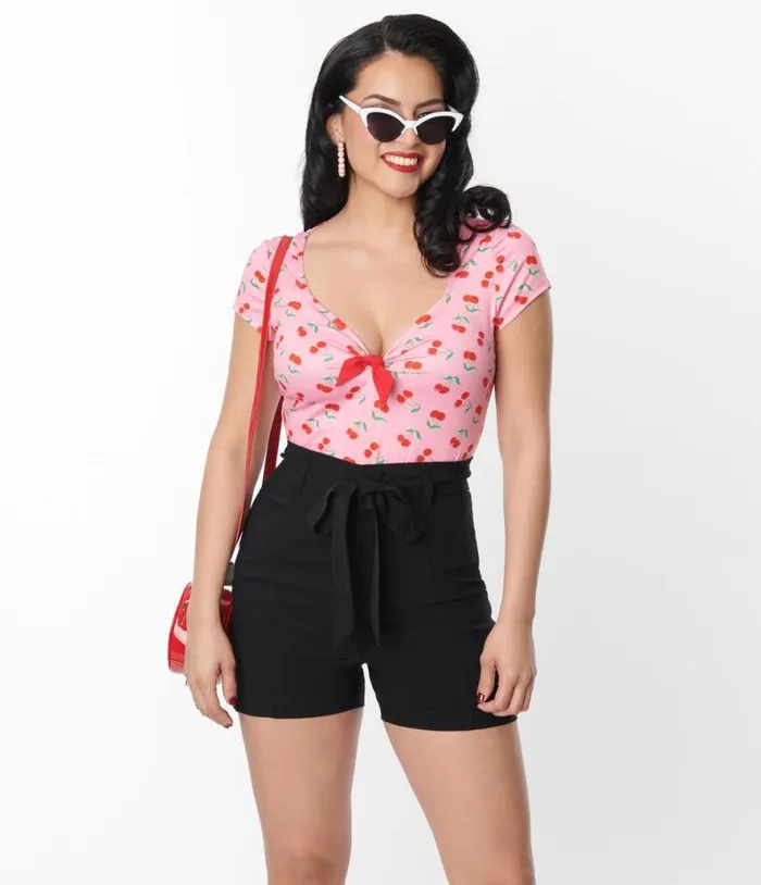 1940s Black High Waist Tied and True Shorts Clothing Unique Vintage Shorts