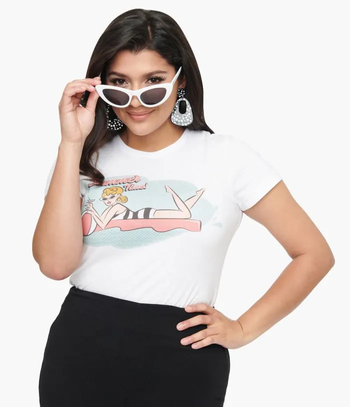 1950s White Summer Time Fitted Graphic Tee ClothingPlus Unique Vintage Graphic Tees