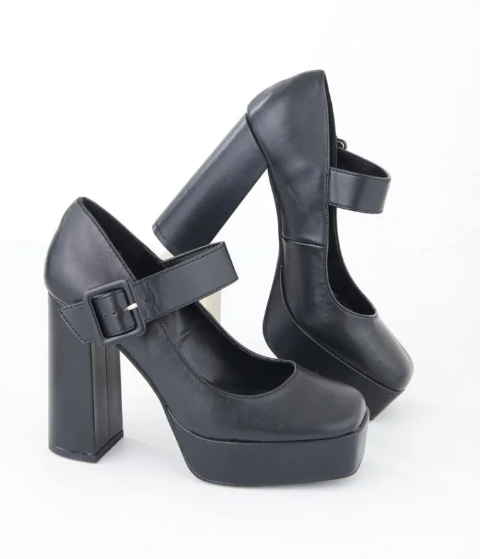 1970s Black Leatherette Platform Mary Jane Heels Shoes Unique Vintage Heels