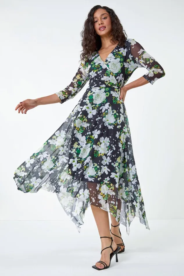 Abstract Stretch Mesh Hanky Hem Wrap Dress Women Roman Dresses