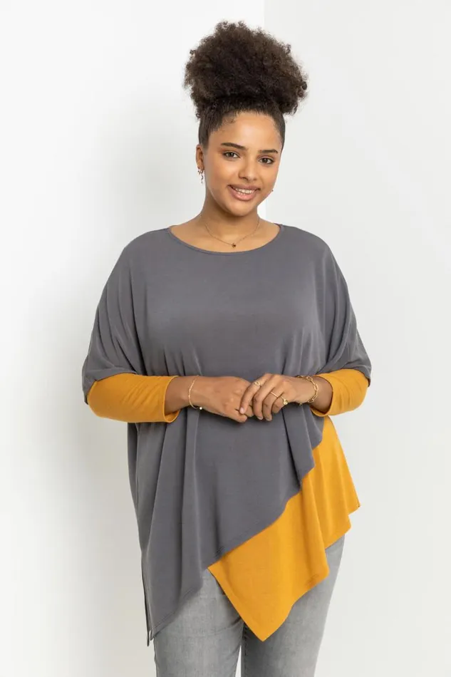 Amber Curve Colourblock Asymmetric Snood Tunic Top Women Roman Tops