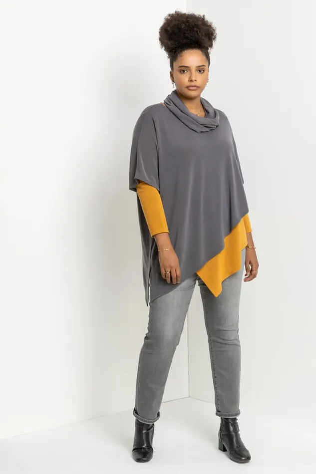Amber Curve Colourblock Asymmetric Snood Tunic Top Women Roman Tops