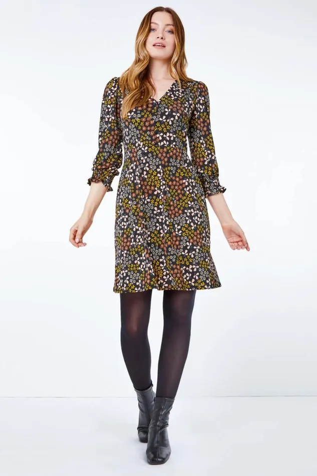 Amber Ditsy Floral Print Tea Dress Women Roman Dresses