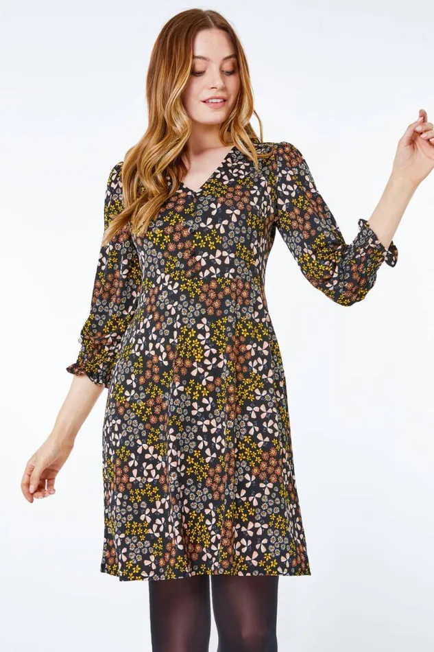 Amber Ditsy Floral Print Tea Dress Women Roman Dresses