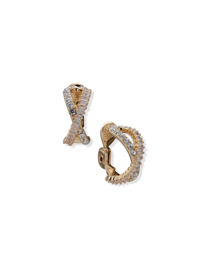 Anne Klein Crystal Pave Baguette Hoop Clip Earrings Goldtone Women Watches 038 Jewelry