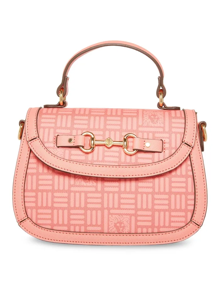 Anne Klein Horsebit Flap Satchel In Tile Lion Logo Coral Pink Tonal Women Handbags Anne Klein Horsebit Flap Satchel In Tile Lion Logo Coral Pink Tonal Women Handbags