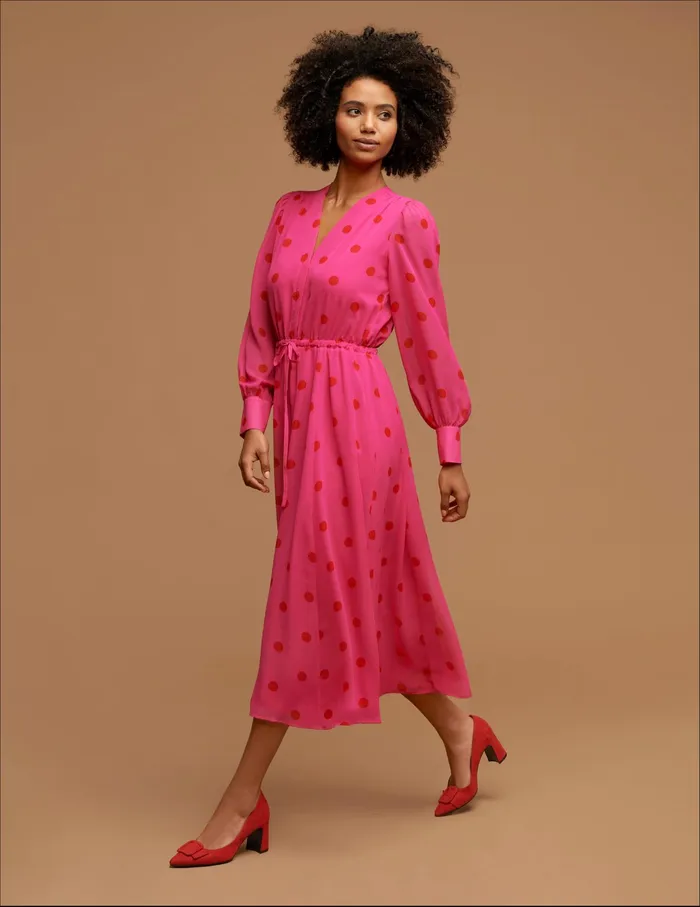 Anne Klein V Neck Blouson Sleeve Dress With Drawstring Light Amaranth Women Clothing