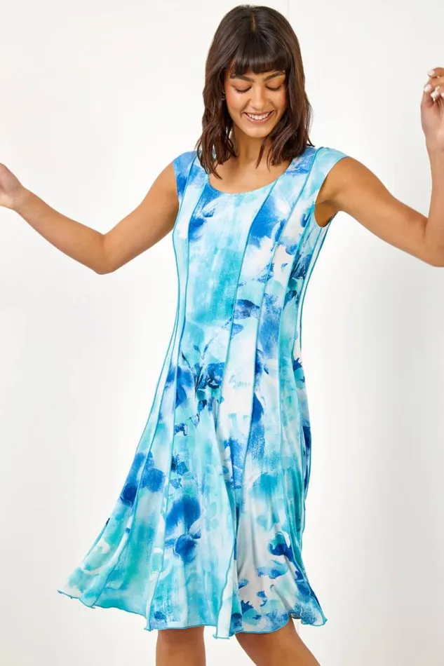 Aqua Floral Print Stretch Panel Dress Women Roman Dresses