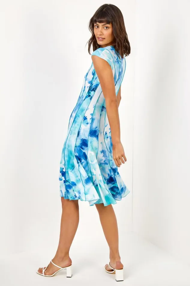 Aqua Floral Print Stretch Panel Dress Women Roman Dresses
