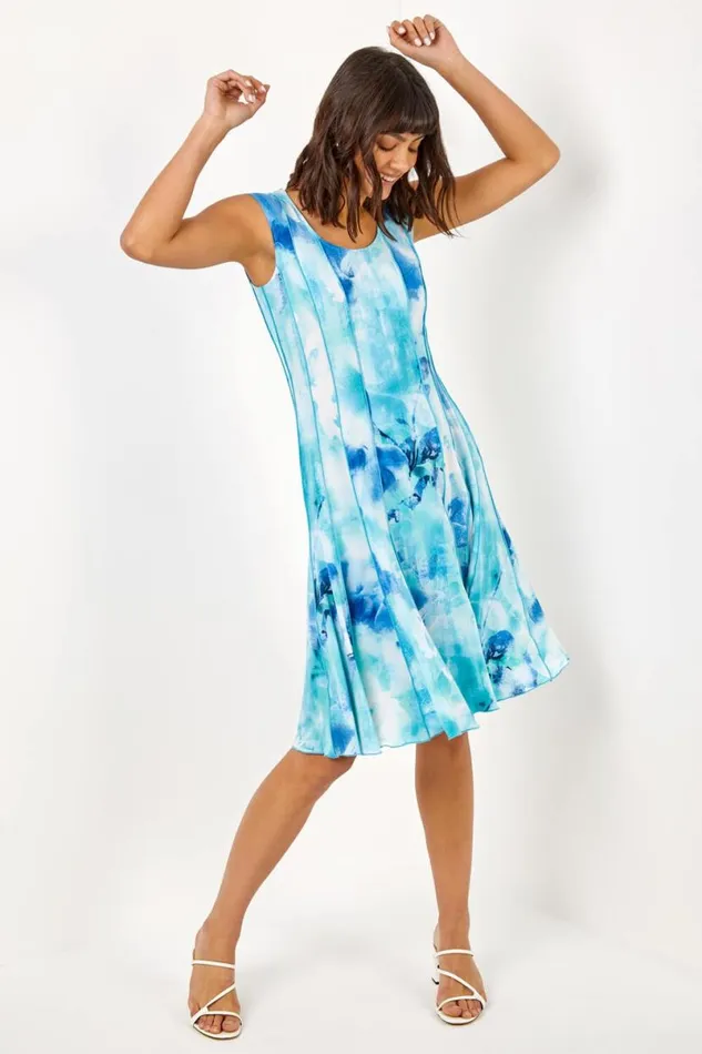 Aqua Floral Print Stretch Panel Dress Women Roman Dresses