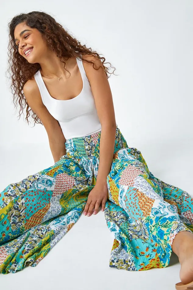 Aqua Paisley Elastic Waist Palazzo Trousers Women Roman Trousers