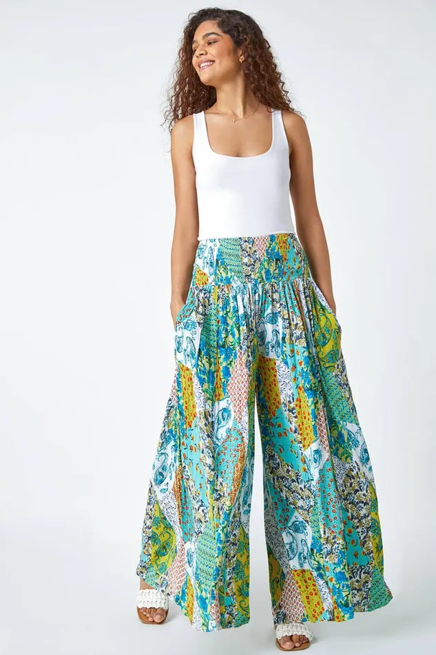 Aqua Paisley Elastic Waist Palazzo Trousers Women Roman Trousers