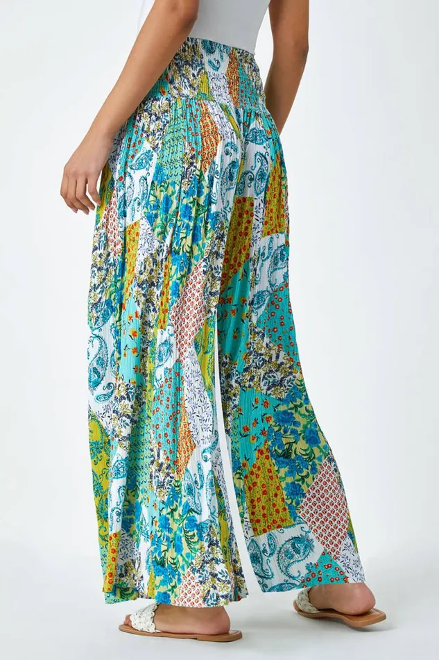 Aqua Paisley Elastic Waist Palazzo Trousers Women Roman Trousers