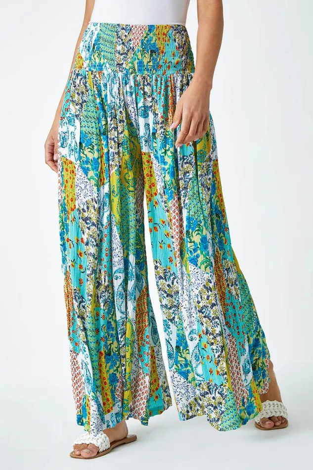 Aqua Paisley Elastic Waist Palazzo Trousers Women Roman Trousers