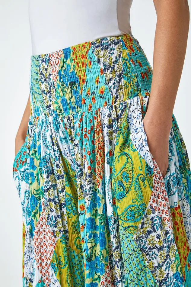Aqua Paisley Elastic Waist Palazzo Trousers Women Roman Trousers