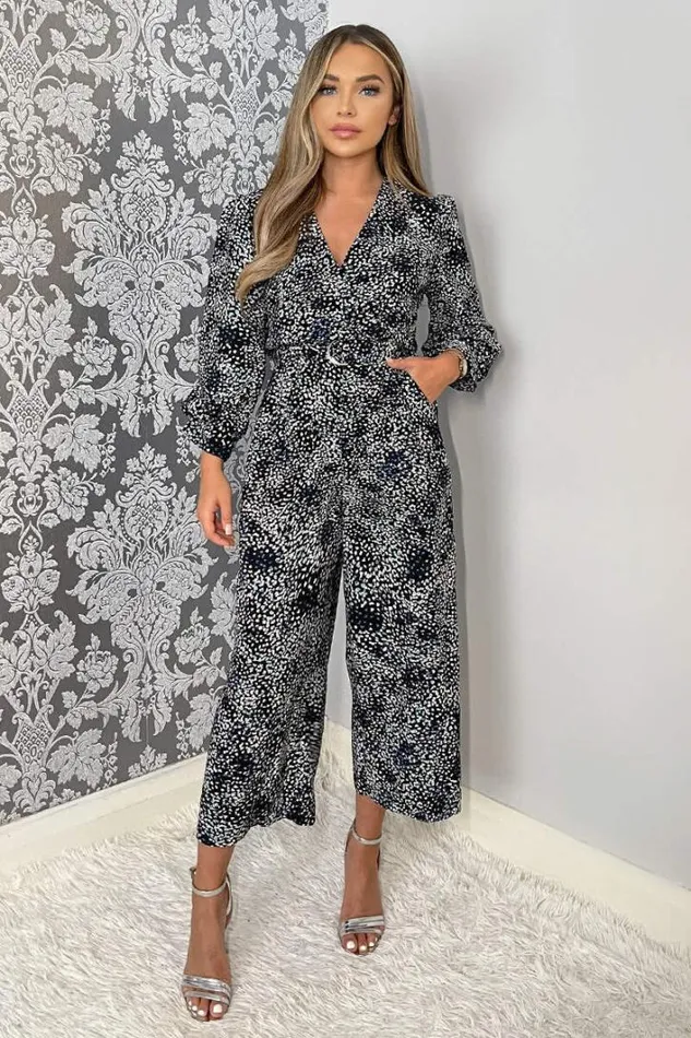 AX Paris Black And Blue Printed Belted Long Sleeve Jumpsuit Jumpsuits And Playsuits