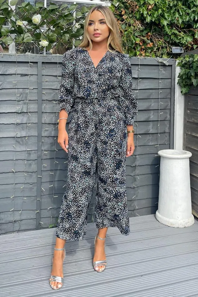 AX Paris Black And Blue Printed Belted Long Sleeve Jumpsuit Jumpsuits And Playsuits