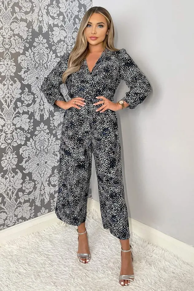 AX Paris Black And Blue Printed Belted Long Sleeve Jumpsuit Jumpsuits And Playsuits