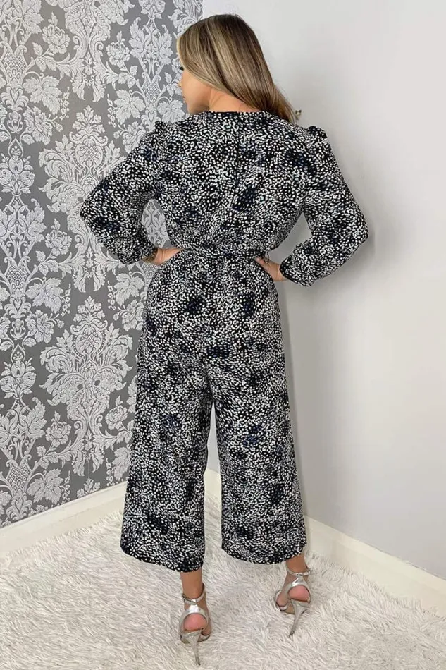 AX Paris Black And Blue Printed Belted Long Sleeve Jumpsuit Jumpsuits And Playsuits