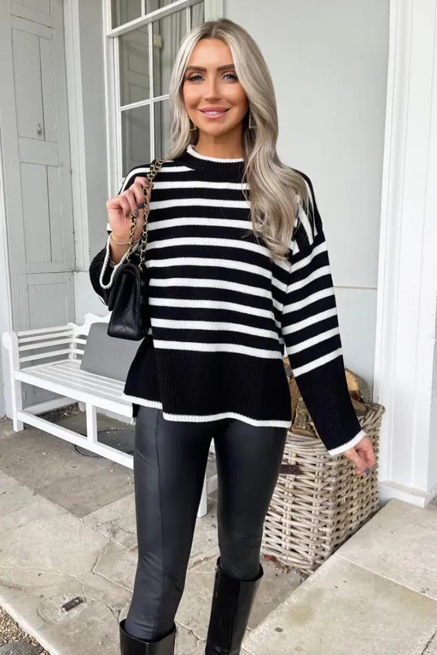 AX Paris Black And Cream Striped Block Hem Jumper Knitwear