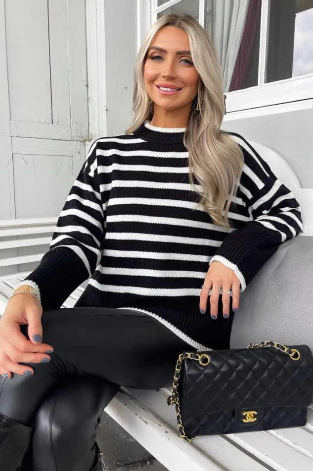 AX Paris Black And Cream Striped Block Hem Jumper Knitwear