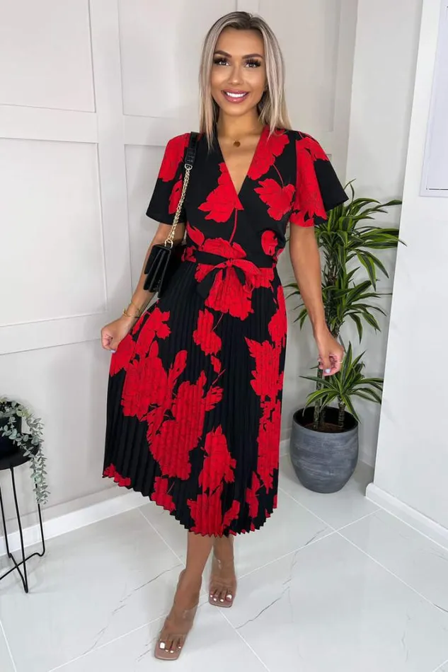 AX Paris Black And Red Floral Print Pleated Midi Dress Dresses