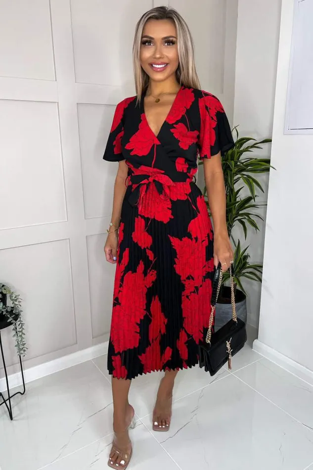 AX Paris Black And Red Floral Print Pleated Midi Dress Dresses