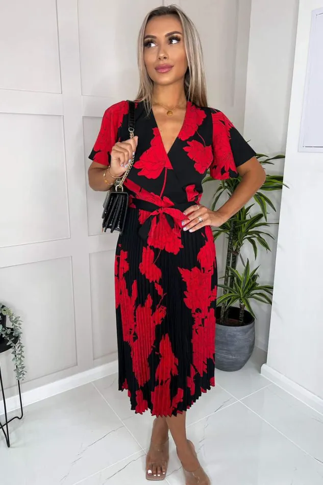 AX Paris Black And Red Floral Print Pleated Midi Dress Dresses