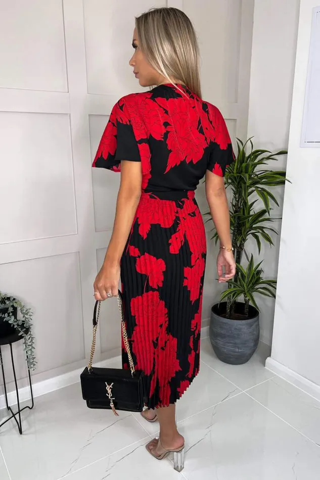 AX Paris Black And Red Floral Print Pleated Midi Dress Dresses
