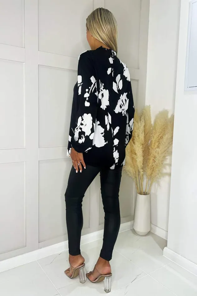 AX Paris Black And White Print Ruffle Neck Long Sleeve Top Tops