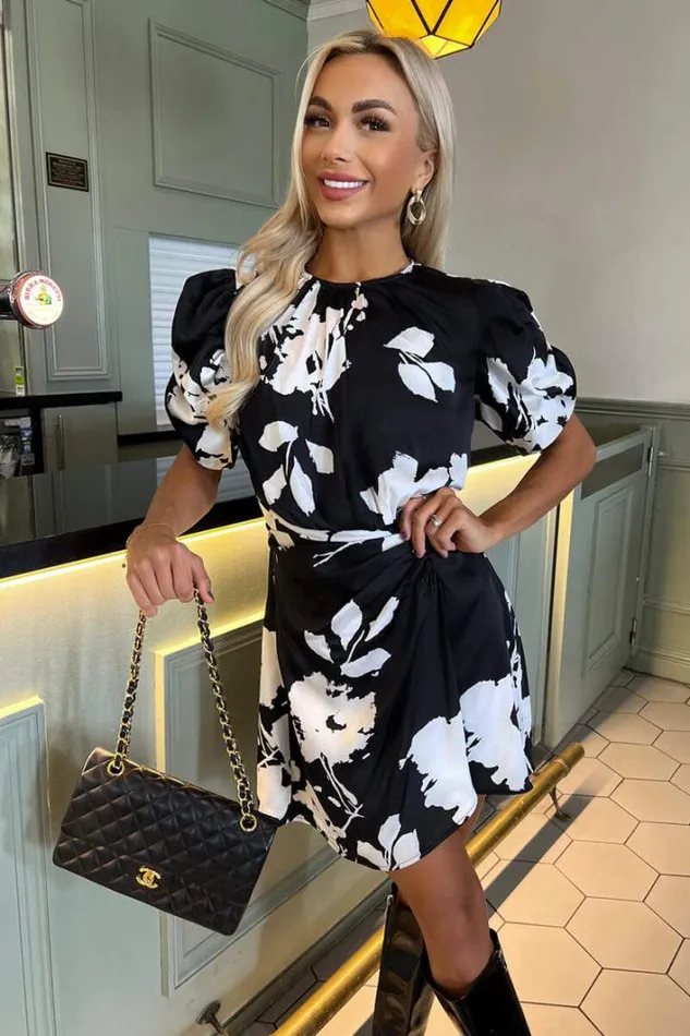 AX Paris Black And White Print Short Puff Sleeve Gathered Side Mini Dress Dresses