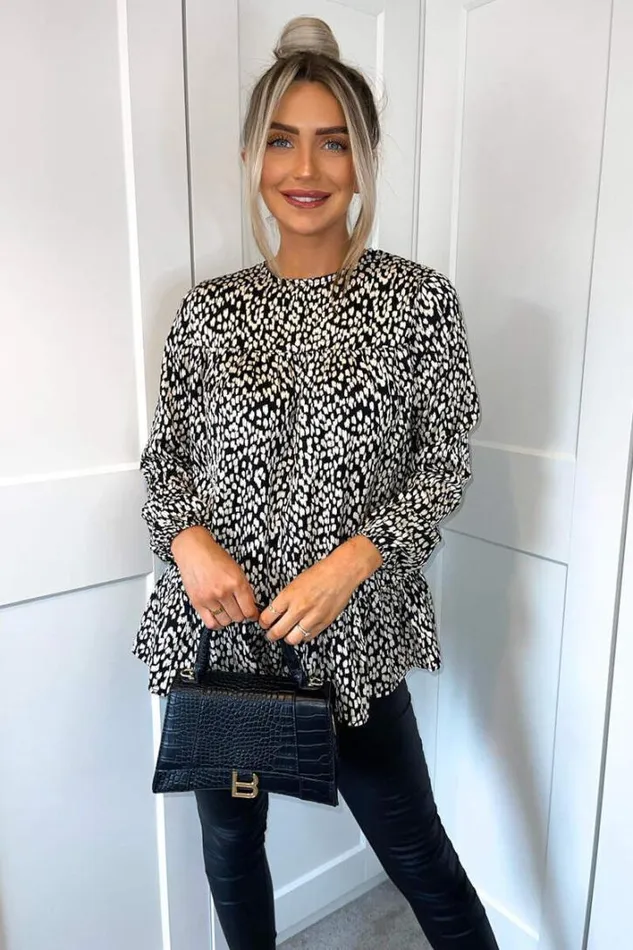 AX Paris Black And White Printed Long Sleeve Smock Top Tops