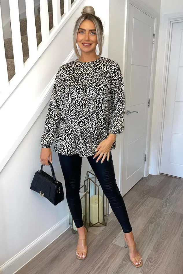 AX Paris Black And White Printed Long Sleeve Smock Top Tops