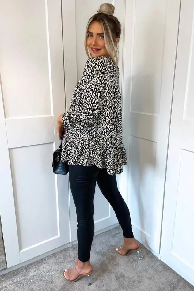 AX Paris Black And White Printed Long Sleeve Smock Top Tops