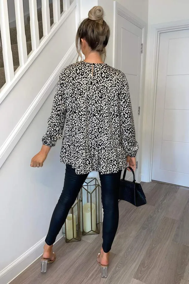 AX Paris Black And White Printed Long Sleeve Smock Top Tops