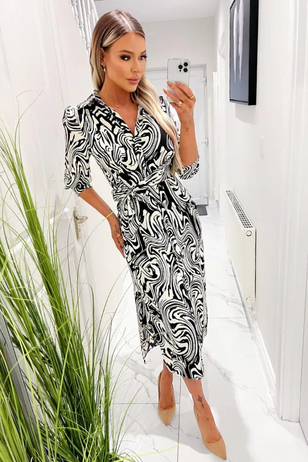 AX Paris Black And White Printed Tie Waist Midi Shirt Dress Dresses