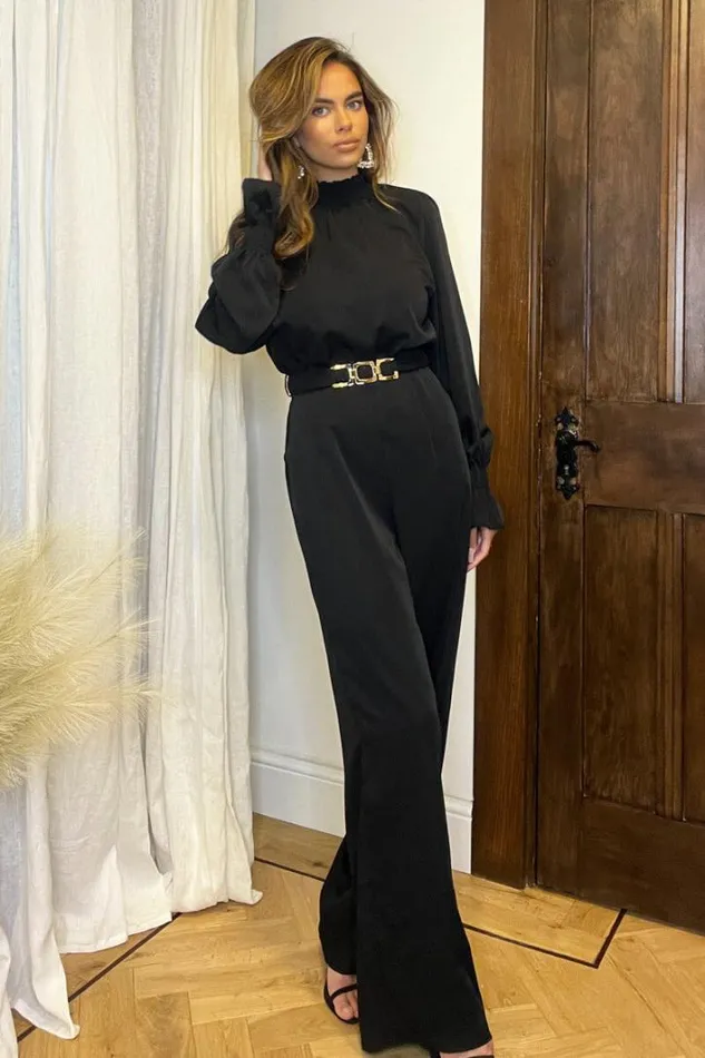 AX Paris Black Belted Frill Cuff Sleeve Jumpsuit Jumpsuits And Playsuits