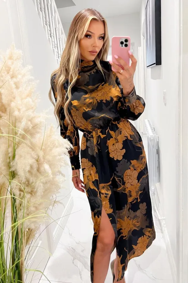 AX Paris Black Floral Print High Neck Long Sleeve Midi Dress Dresses