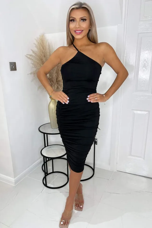 AX Paris Black One Strap Ruched Bodycon Dress Dresses