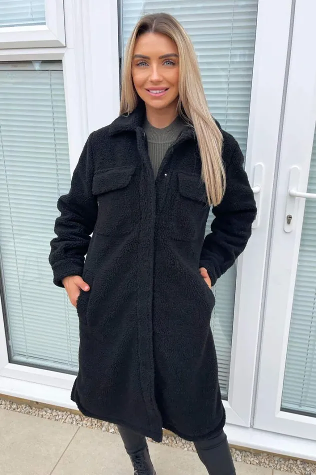 AX Paris Black Oversized Teddy Faux Fur Front Pocket Coat Coats and Jackets