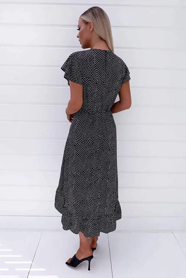 AX Paris Black Polka Dot Ruffle Wrap Midi Dress Midi Dresses
