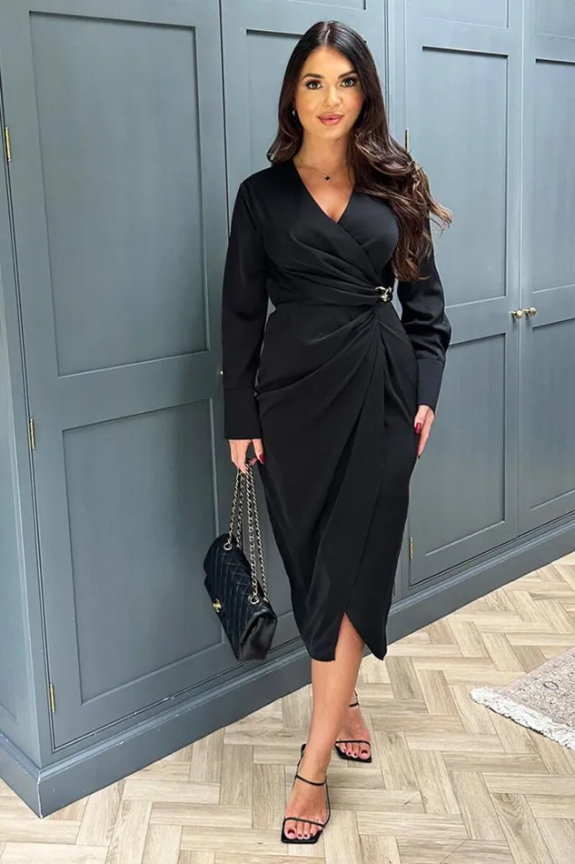 AX Paris Black Wrap Gold Buckle Midi Dress Dresses
