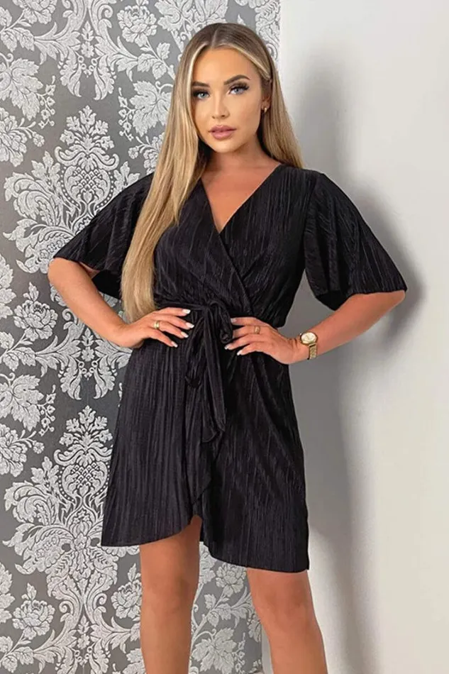 AX Paris Black Wrap Top Belted Short Sleeve Plisse Mini Dress Dresses