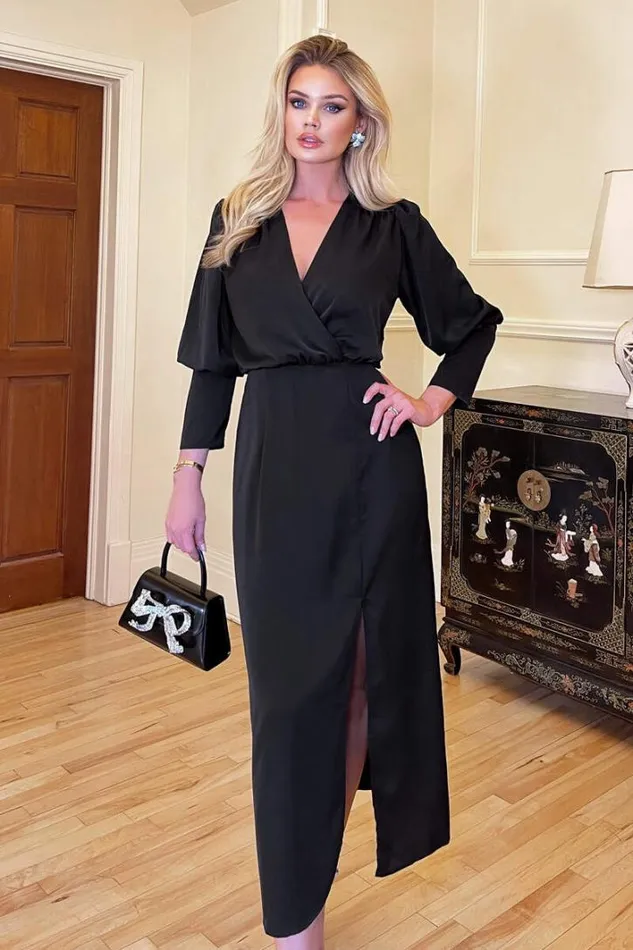 AX Paris Black Wrap Top Long Sleeve Midi Dress Dresses