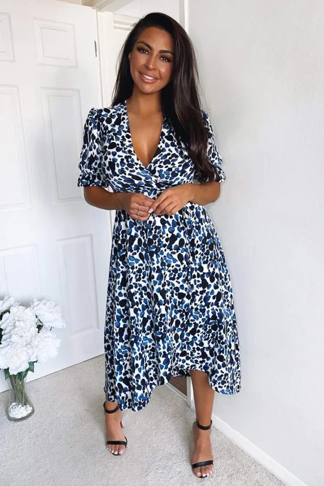 AX Paris Blue Printed Wrap Tie Midi Dress Wedding Guest Dresses