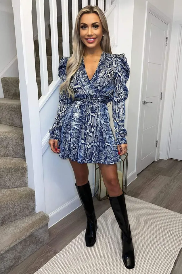 AX Paris Blue Snake Print Long Puff Sleeve Mini Dress Dresses
