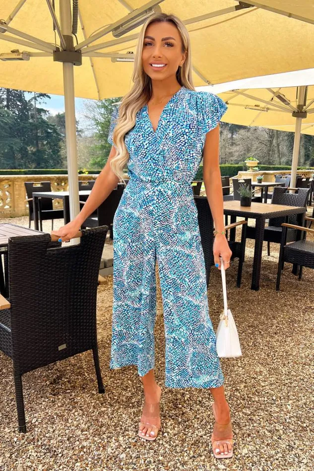 AX Paris Blue Snake Print V Neck Frill Sleeve Jumpsuit Jumpsuits And Playsuits