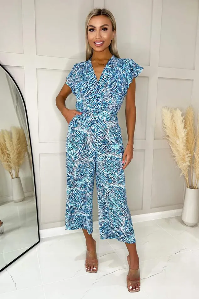 AX Paris Blue Snake Print V Neck Frill Sleeve Jumpsuit Jumpsuits And Playsuits