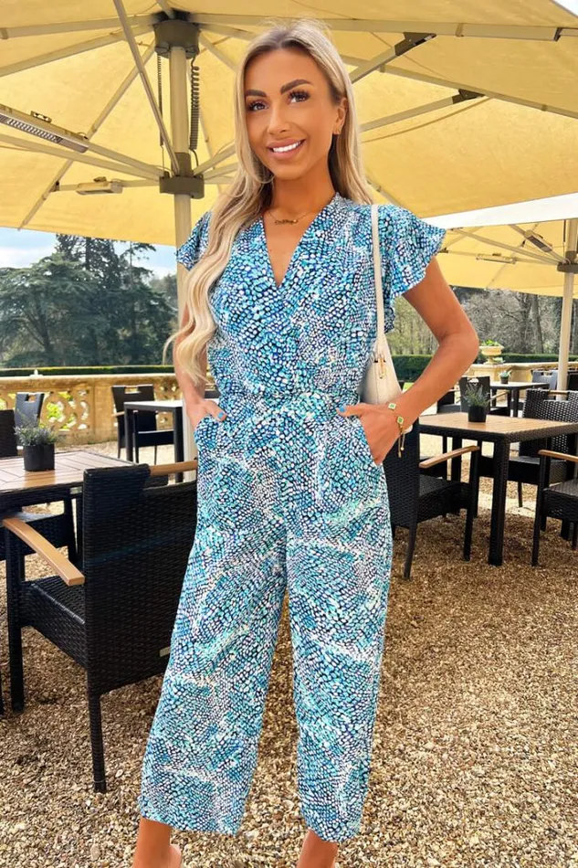 AX Paris Blue Snake Print V Neck Frill Sleeve Jumpsuit Jumpsuits And Playsuits