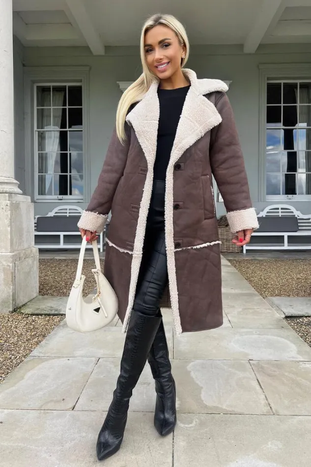 AX Paris Brown Longline Faux Shearling Coat Coats and Jackets